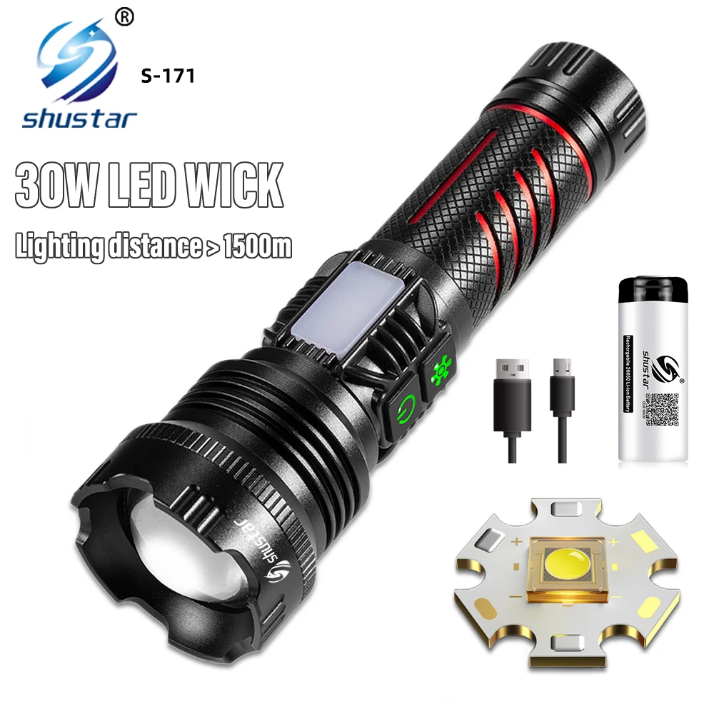 High Power LED Flashlight Torch with 30W Wick and Double Side Lights Lighting Distance 1500M Waterproof Tactical Hunting Lights