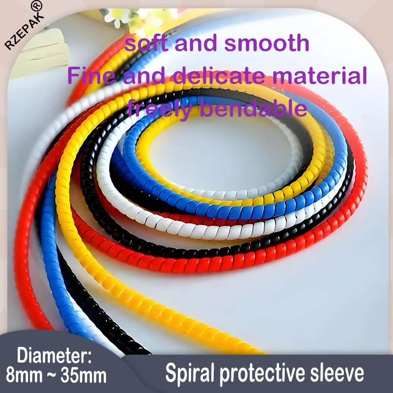 1-10m Flexible Spiral Cable Wrap Sleeve 8-35mm - Black Wear Resistant Wire Protector for Home/Car Wiring