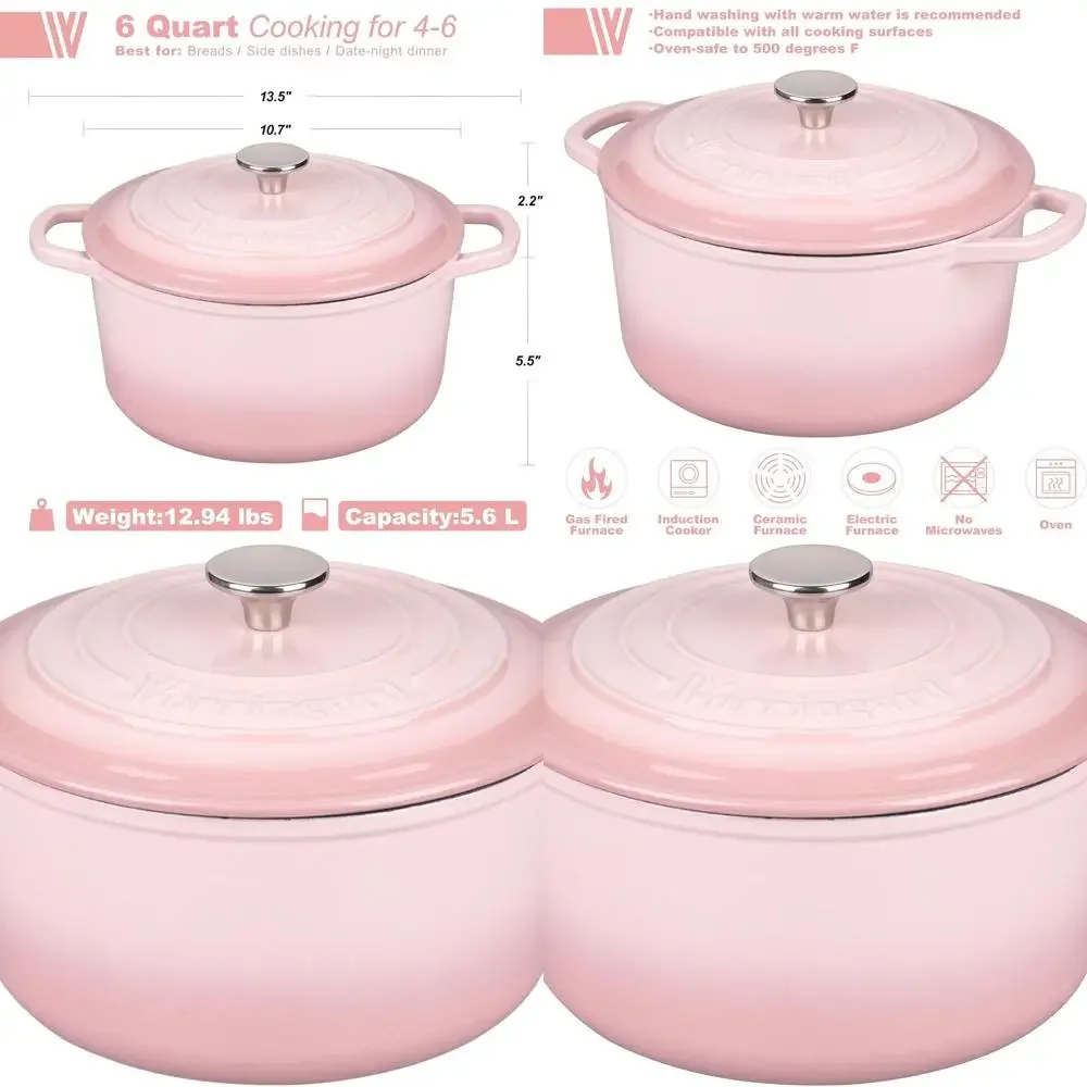 

Pink 6-Quart Enamel-Coated Cast Iron Round Dutch Oven with Lid for Sourdough Bread Baking