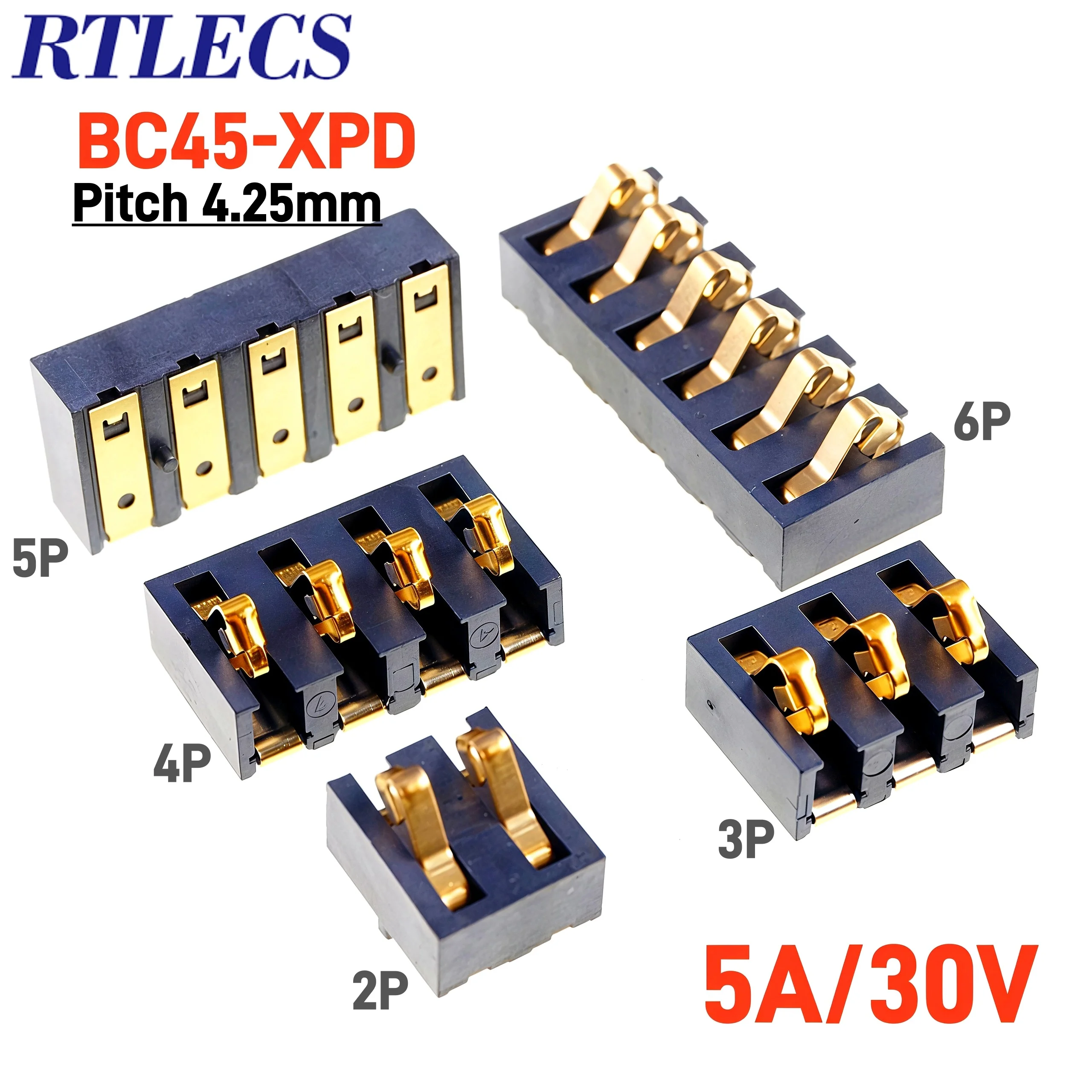 2/20 Pcs 5A 30V Spring Compression Contact Male Surface Mount Battery Connectors 2 3 4 5 6 Pin 4.25mm Pitch Insulator 4.75mm