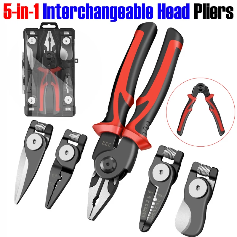 

5-in-1 Replaceable Head Pliers Set Cable Scissors Wire Strippers Vise Pliers Crimping Pliers Iron Sheet Shears Multi Hand Tools