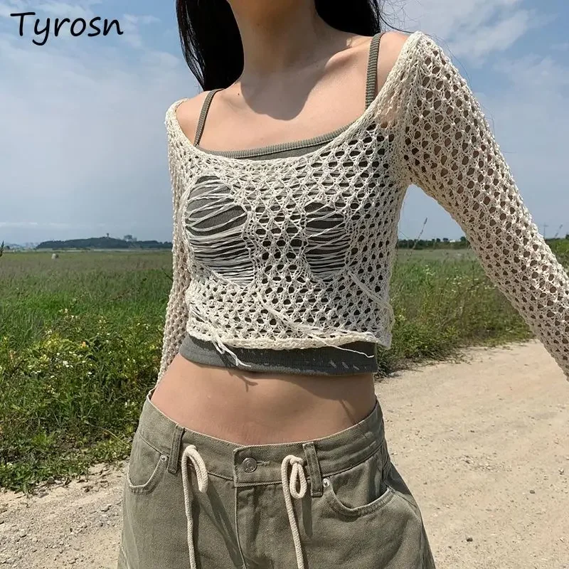 Sexy Y2k Pullovers Women Knitted Frayed Vintage Crop Sweaters Sun-proof Dancer European Style Fashion Hotsweet All-match Summer