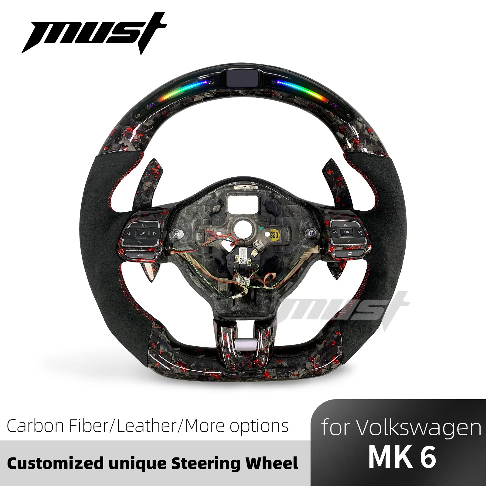 Custom Red Forged Carbon Fiber LED Steering Wheel for VW Volkswagen MK6 Models Golf R GTI Jetta Sport Performance Hatchback