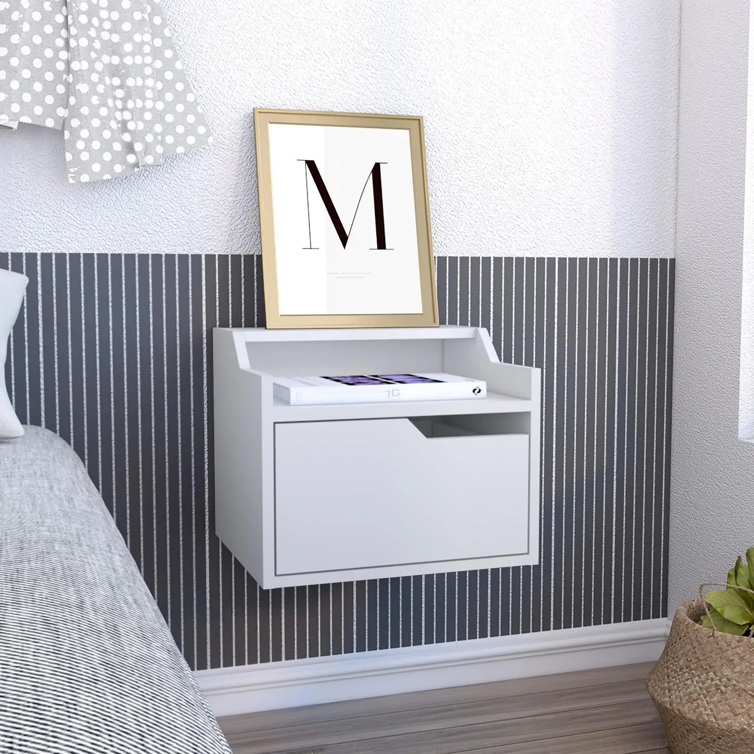 Busan Modern Floating Nightstand, Single-Drawer Design with Sleek Two-Tiered Top Shelf Surfaces White