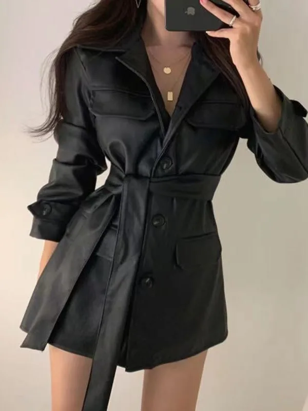 Jaqueta de Couro Fena Estilo Retrô com Gola , Manga Longa, Crimento Médio, Cintura Ajustável e Múltiplos Bolsos co...