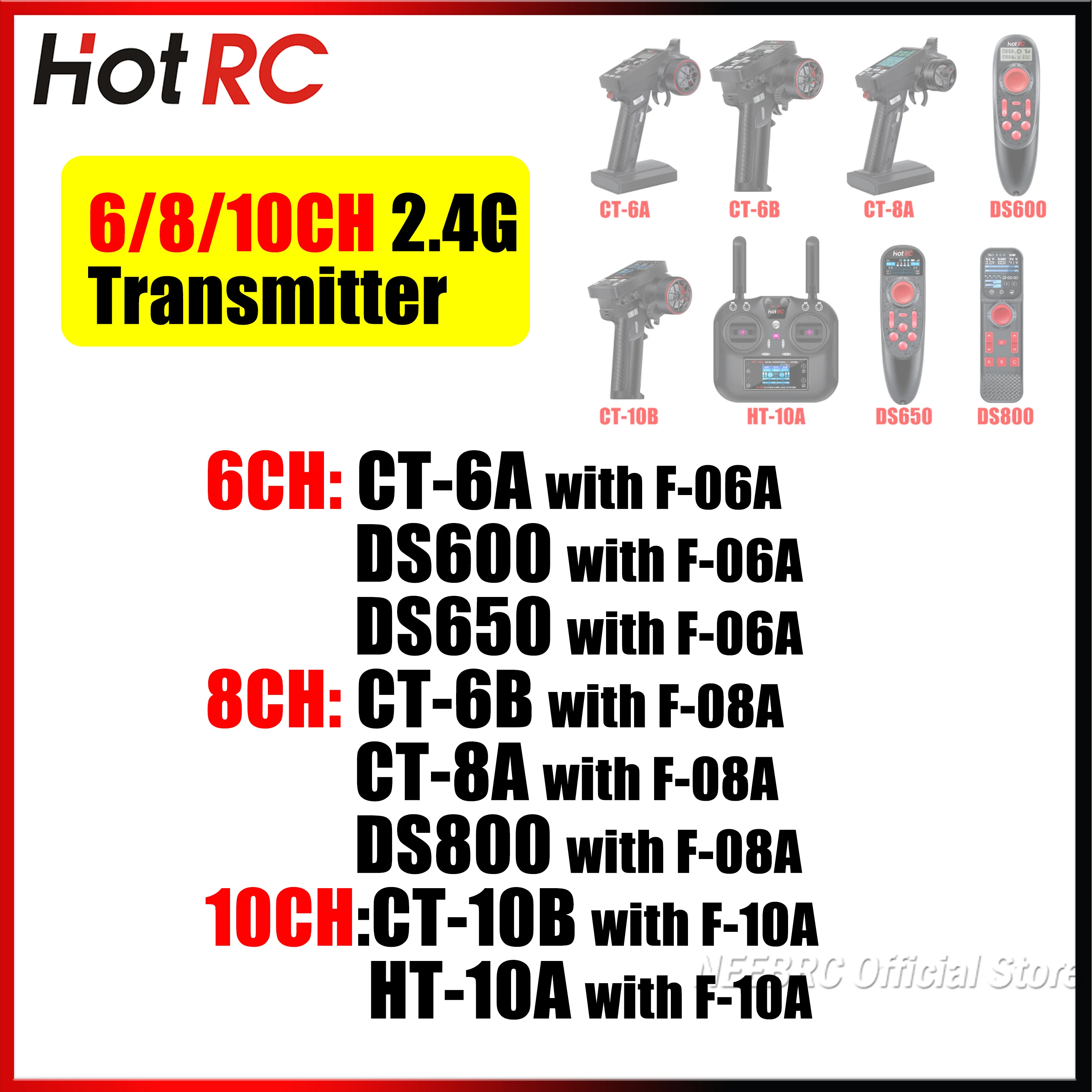HOTRC 6/8/10CH Transmitter CT-6A CT-6B CT-8A CT-10B HT-10A DS600 DS650 DS800 Receiver F-06A F-08A F-10A for RC Car Boat Plane