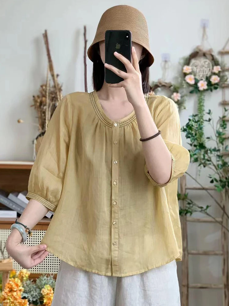 

Утягивающий хлопково-льняной повседневный свободный женский летний новый цветной универсальный художественный круглый топ для куклы Ne