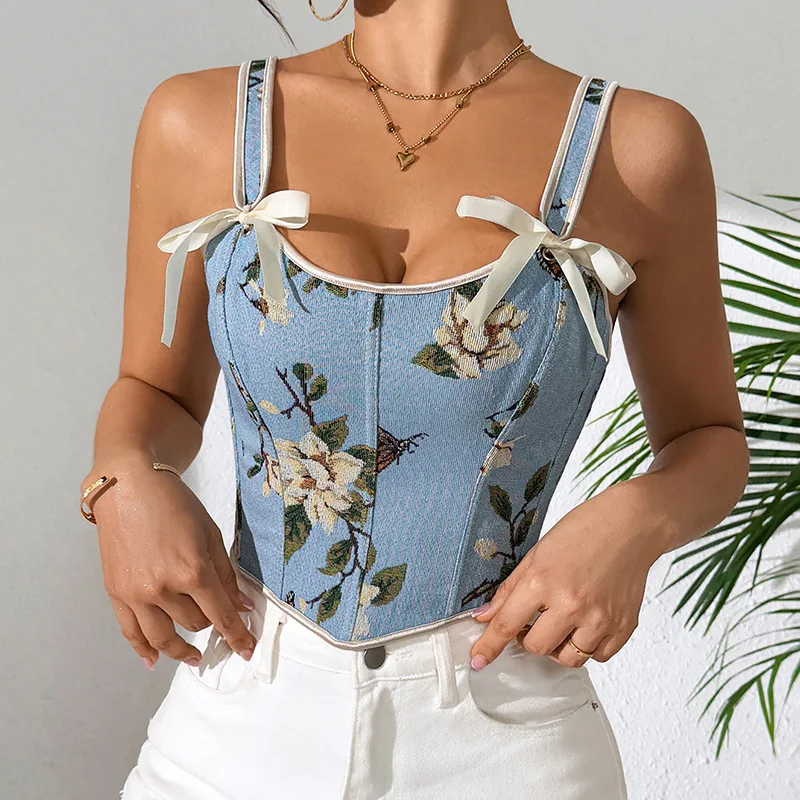 Women Vintage Floral Corset Cami Top Sweetheart Neck Shoulder Bow Decor Wide Strap Slim Crop Bustier Y2K Romantic Camisole Vest