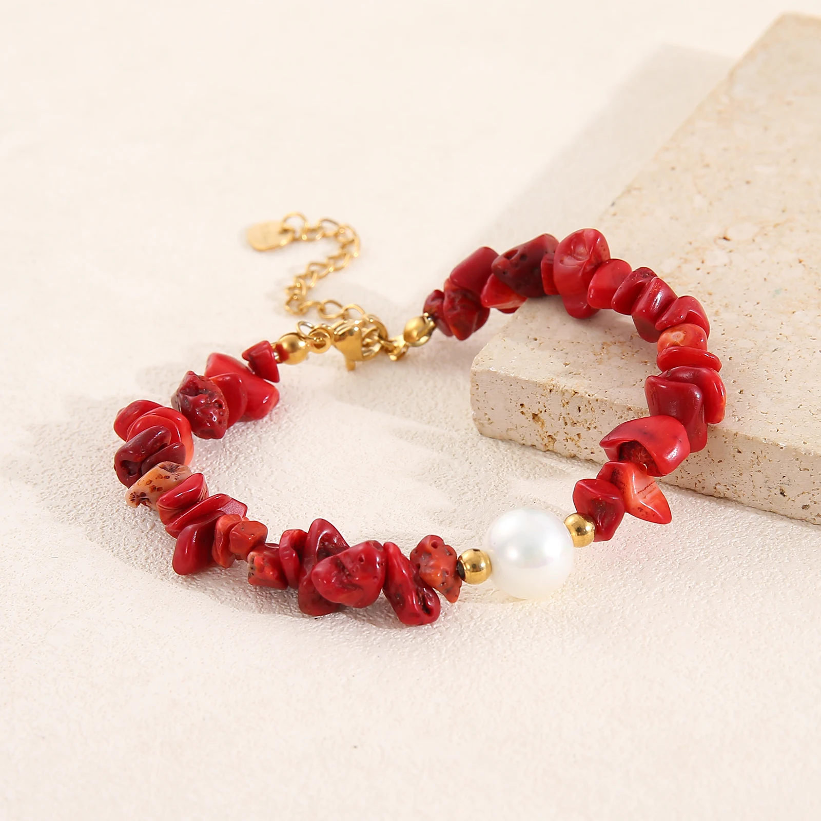Red Coral Gravel Pearl Bead Women\'s Bracelet Stainless Steel Adjustable Handmade Gold Plated Bracelet Couple Friendship Jewelry