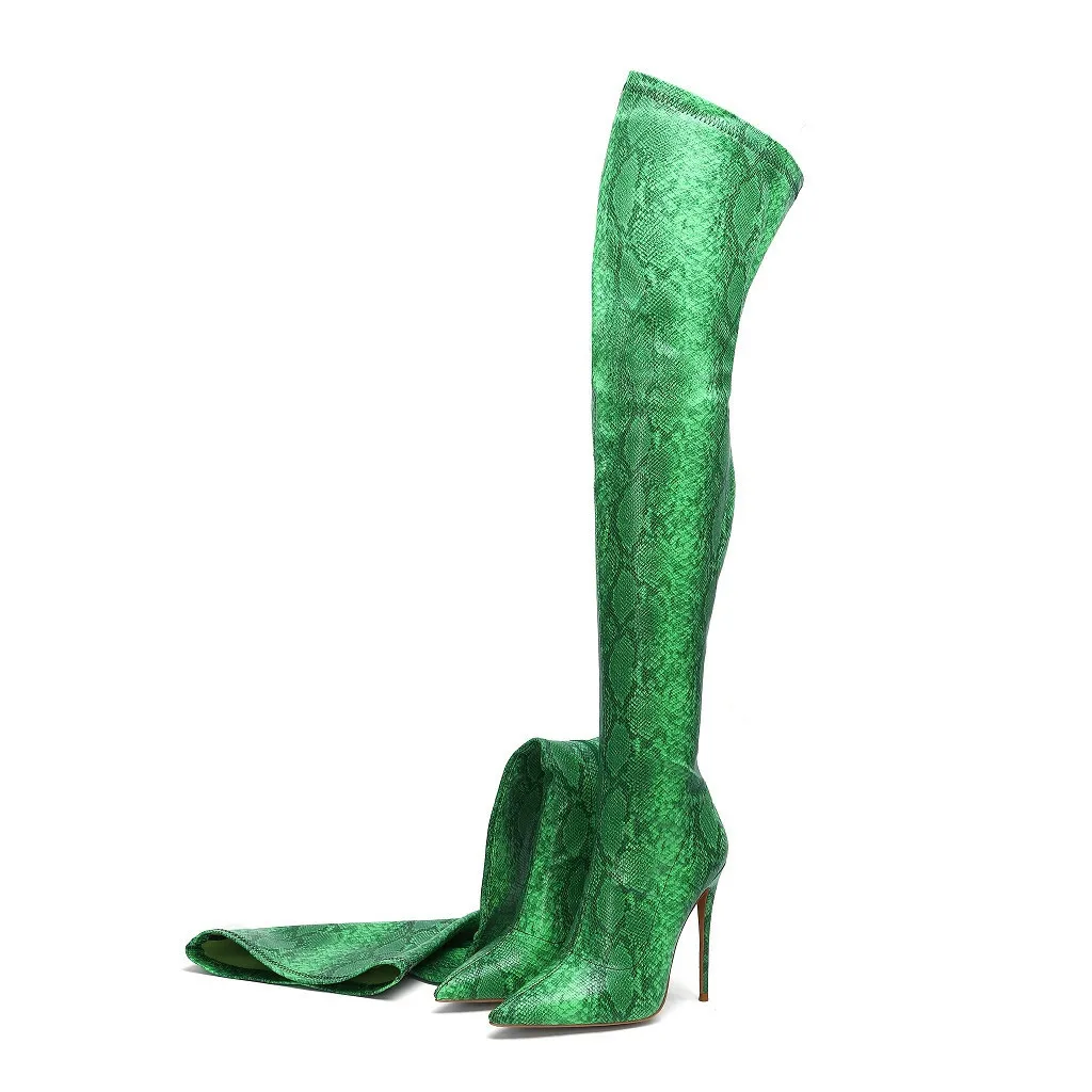 Women Snake Print Over The Knee Boots Pointed Toe Stiletto Slim Pull On Autumn Winter Nightclub Party Fashion Sexy Long Boots