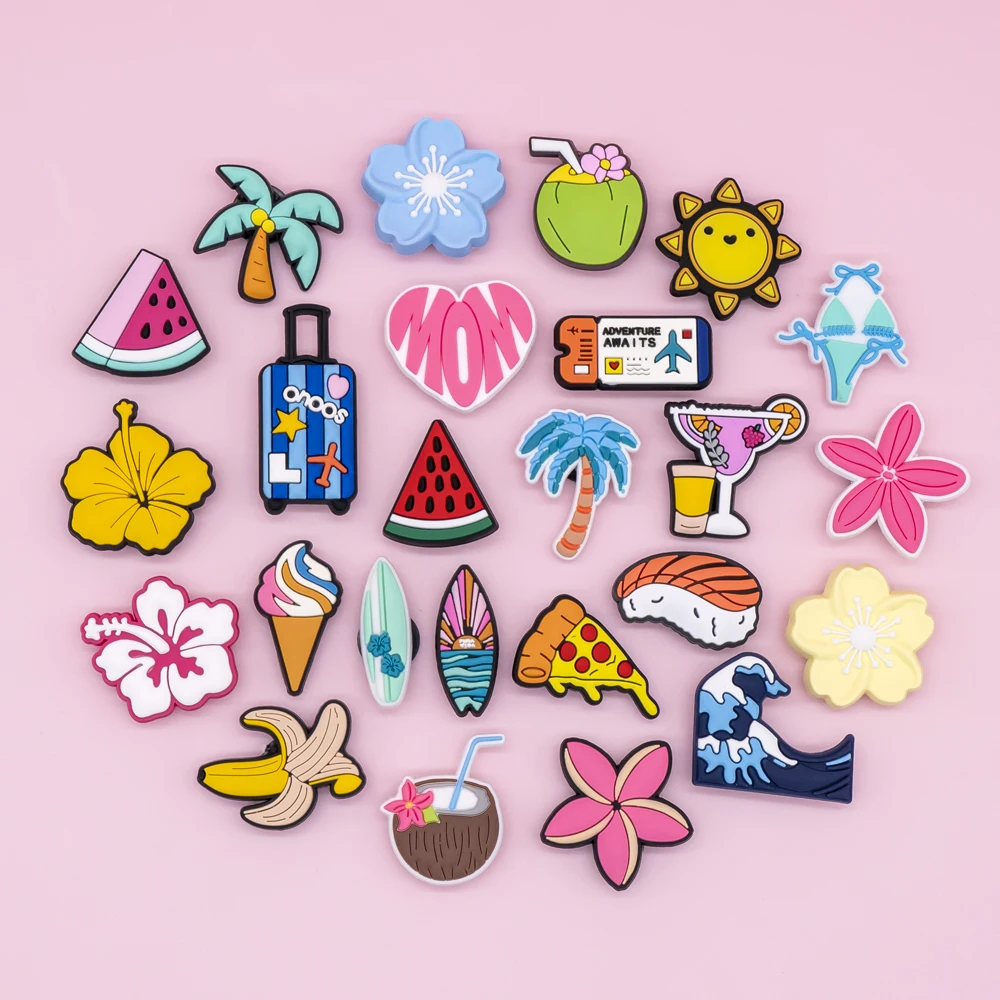 1/25pcs Pink Flower Heart Watermelon Shoe Charms Airplane Ticket Luggage Shoe Decoration Pins  for Women Pizza Banana Clog Jeans