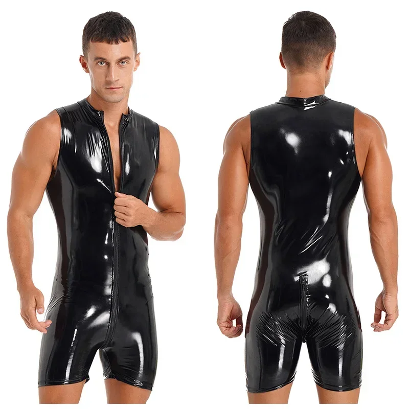 

Men's Shiny Black Bodycon Sleeveless Faux Leather Bodysuit Male Front Zip Open Chic Sexy PU Jumpsuits New Slim Clubwear Custom