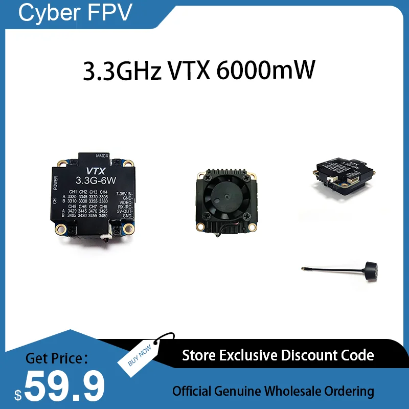 

3.3GHz VTX 6W Video Transmitter VTX 8CH 6000mW for FPV RC Racing Drone Goggles
