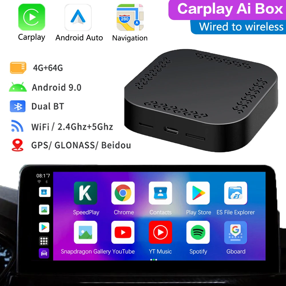 

OEM CarPlay Android Ai Box Wired To Wireless Android 9 Octa-core 4+64G Wifi GPS Plug and Play Android Auto Wireless Adapter