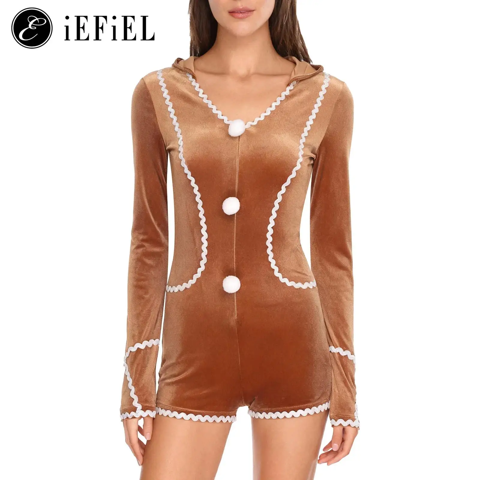 

Ladies Gingerbread Man Christmas Cosplay Costume Velvet Long Sleeve Zip Up Bodysuits Pajama Roleplay Party Sleepwear Jumpsuits