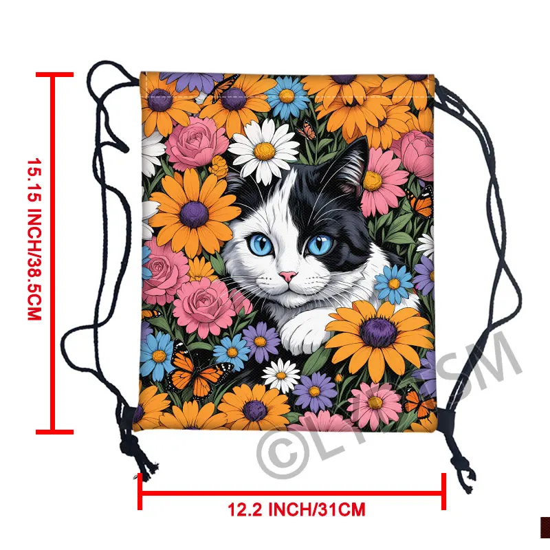 การ์ตูนดอกไม้แมวพิมพ์กระเป๋าสตางค์ Kawaii Black Cat Moon กระเป๋าเป้สะพายหลังสําหรับเดินทางวัยรุ่นกระเป๋าหนังสือรองเท้าผู้ถือกระเป๋า