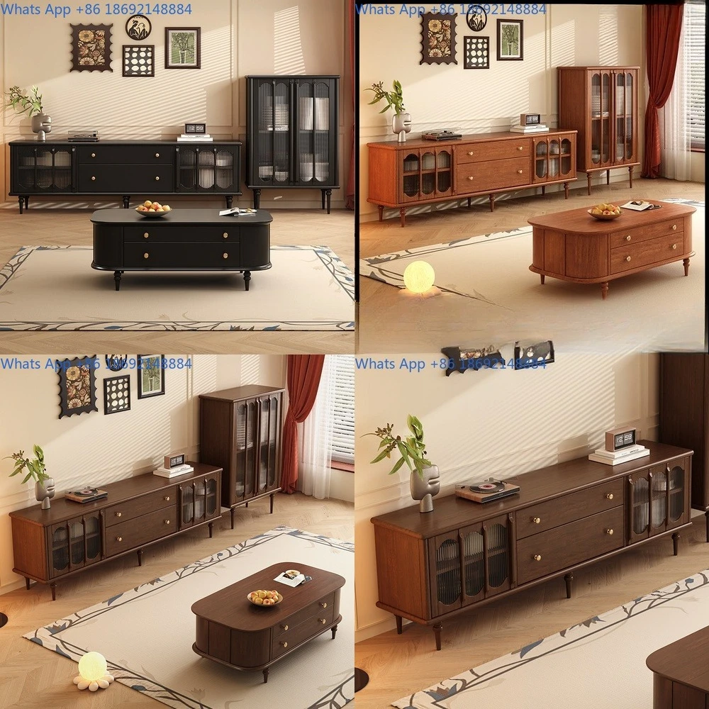 

Vintage Style Glass Door Solid Wood Media Console for Living Room Storage TV Cabinet