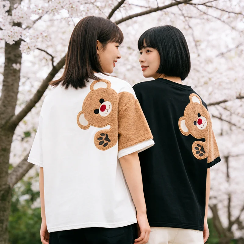 2026 Summer Novelty Cartoon T Shirt Women Bear Embroidery Flocking Tshirts Harajuku Streetwear Friends Matching Hip Hop Tee Tops