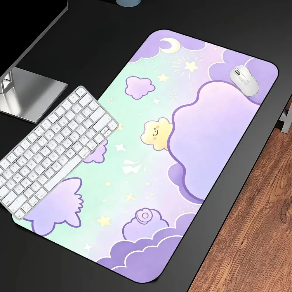 Kawaii Pastel Purple Green Cloud Moon Star Large Gaming Mouse Pad Non-Slip Cute Cartoon Smile Cloud Desk Mat Extended Mousepads