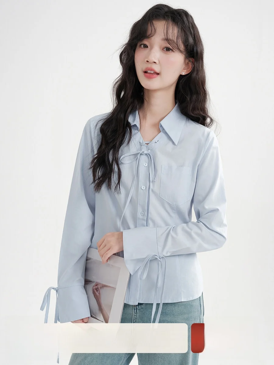 

Женская блузка Blue Design Sense, новинка осени 2025, высококачественная, уникальная, с бантом, в корейском стиле, прямого кроя, удлиненная