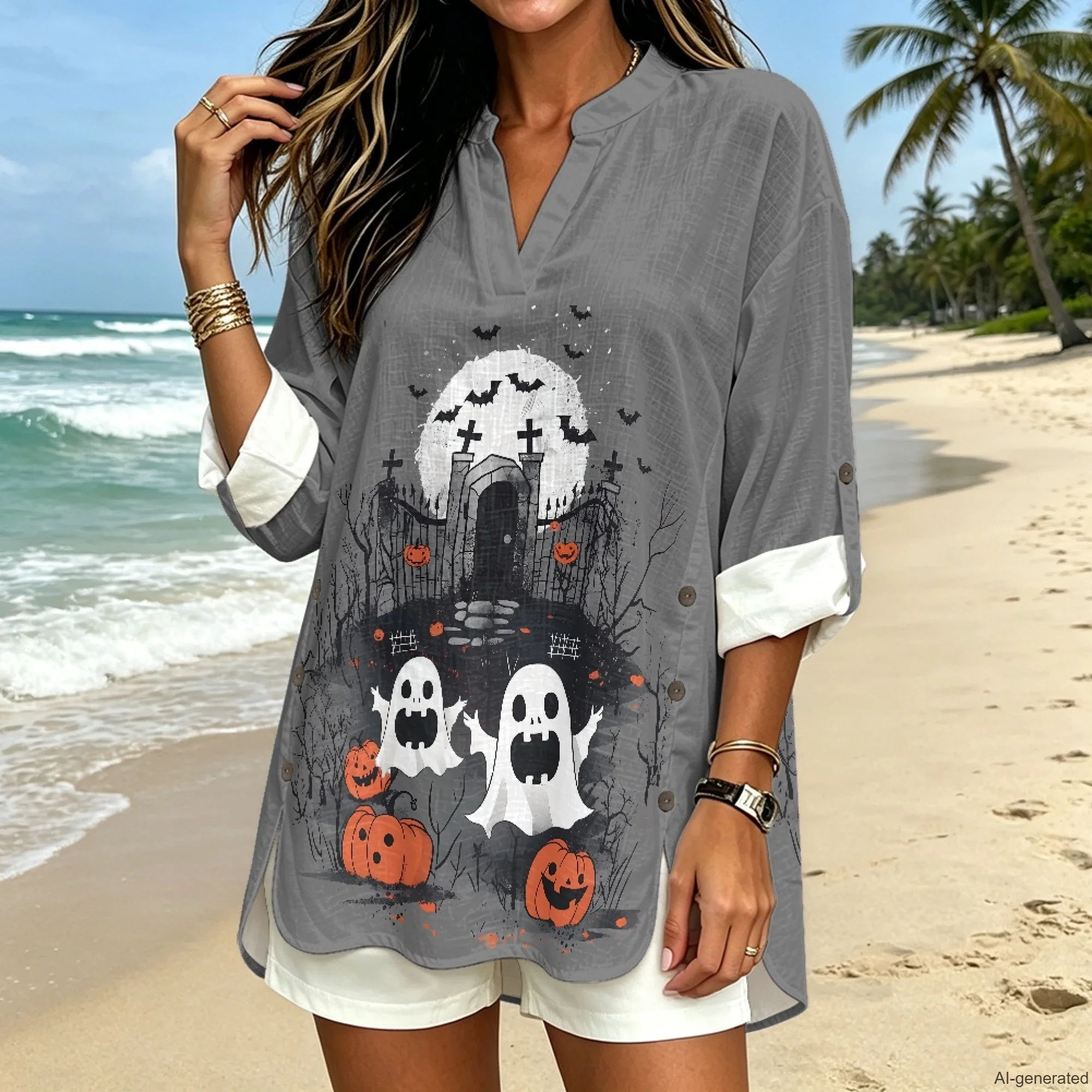 INSTANTARTS Blouses Big Size Women's Linen V-Neck Shirt Long Sleeve Blouses for Women Clothing Female Halloween Ghost Shirt