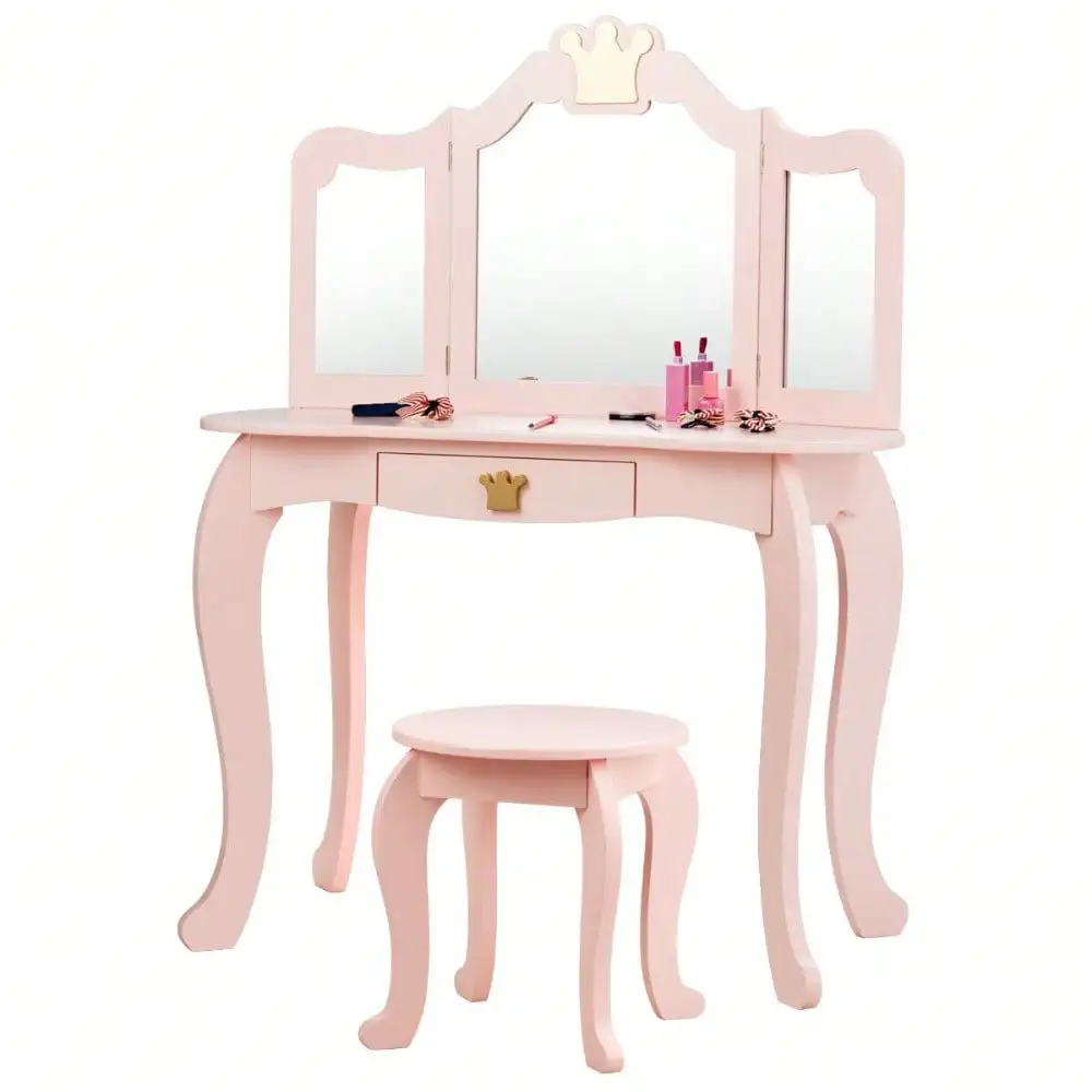 

Makeup Dressing Table Chair Set Princess Vanity & Tri-folding Mirror Pink