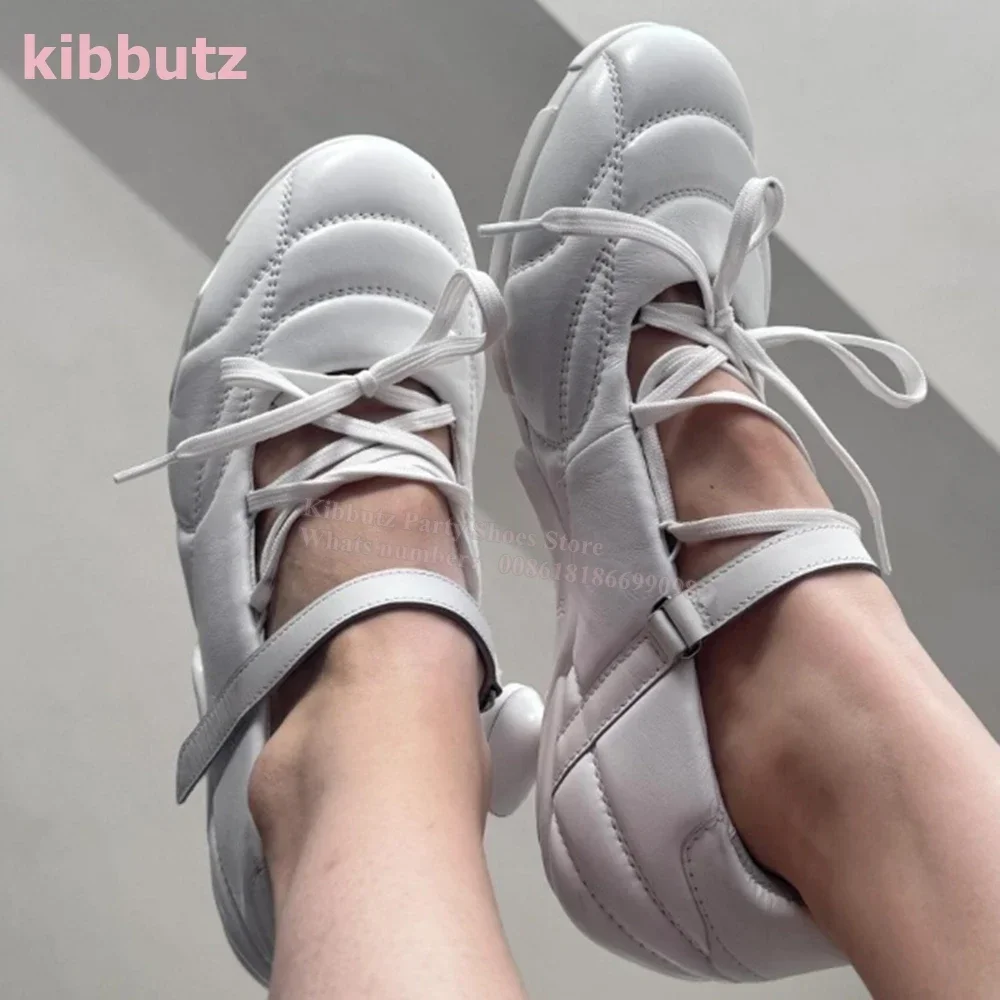 Lace-Up Ballet Sneaker Pump Strange Heels Round Toe Slip-On Leather Solid Color Fashion Novelty Sexy Concise Women Shoes Newest