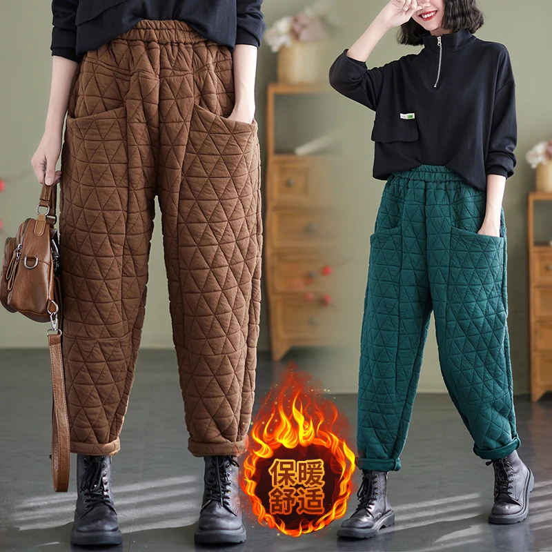 

Thiened Хлопковые брюки Харлан, женские повседневные брюки для отдыха с бриллиантами, зимние длинные брюки из трикотажной ткани с высокой талией