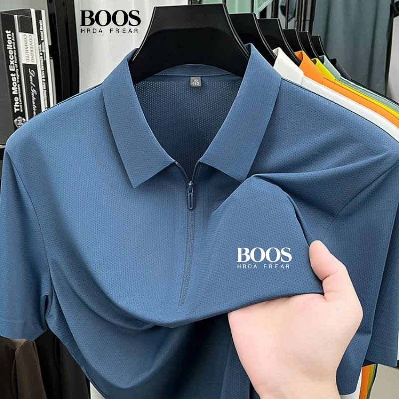 New men's high-quality silk zipper polo shirt, summer Korean version, fashionable, casual, breathable, silky and cool top