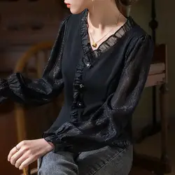 New Spring and Autumn Fashion Solid Lace V-neck Ruffle Edge Panel Long Sleeve Temperament Commuter Women's Slim Fit Top