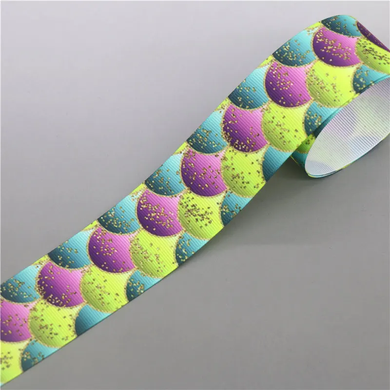 DHK 1.5\'\' 5yards Mermaid Fish Scale Printed Grosgrain Ribbon Accessory Hairbow Headwear Decoration DIY Wholesale 38mm C1581