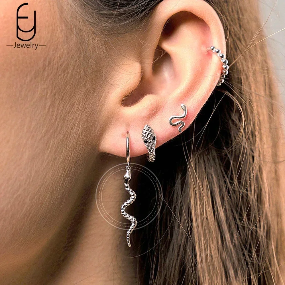 925 Sterling Silver Needle Vintage Snake Earrings Women Gold Round Ear Clips Punk Style Fashion Hoop Earrings Women Jewelry