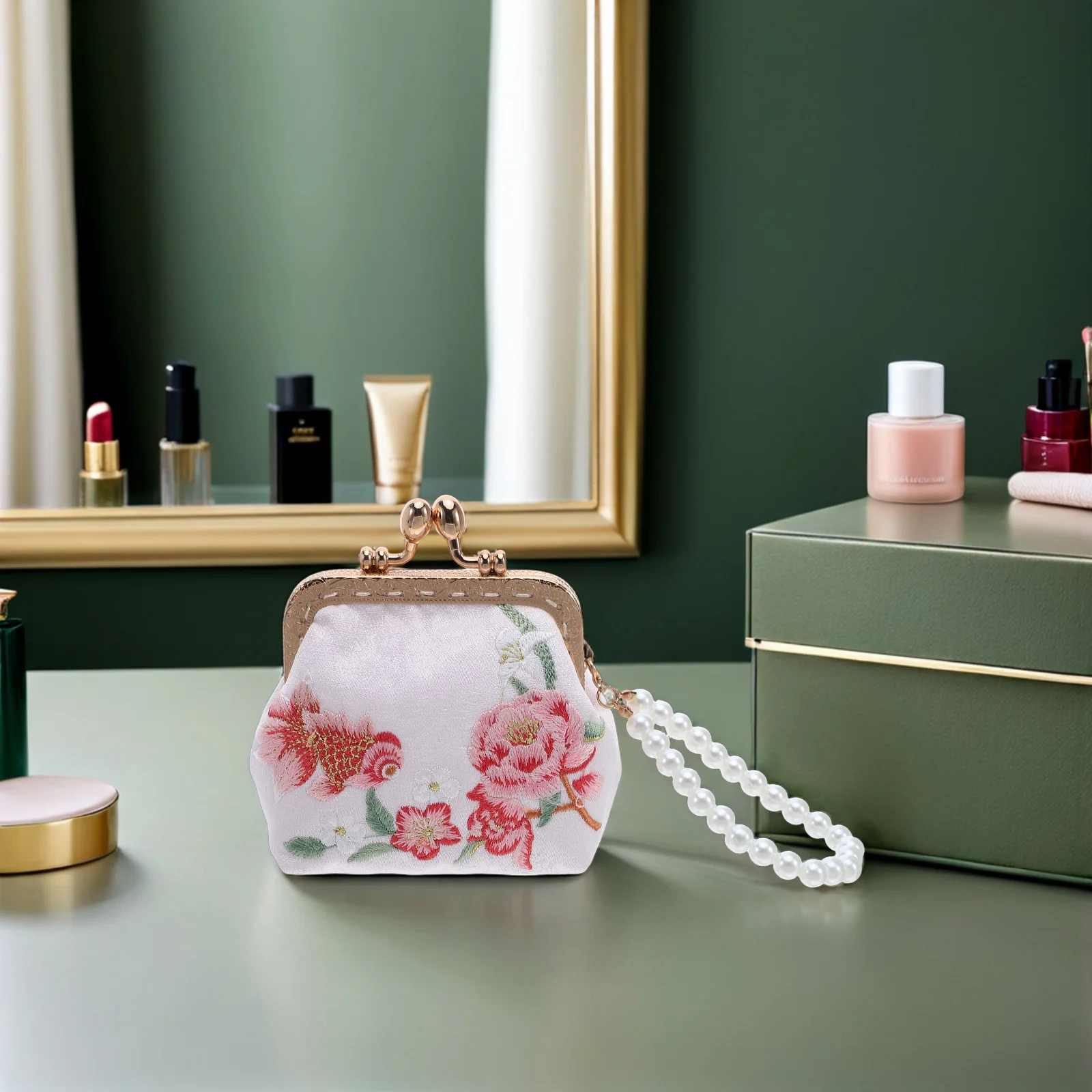 Embroidered Mini Wallet Double Clasp Closure Floral Makeup Pouch Pearl Trim Change Purse Elegant Chinese Traditional Brocade