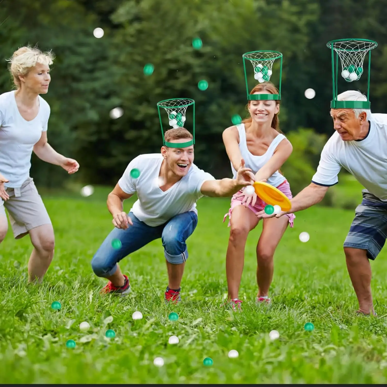 Juego de fiesta de baloncesto con aro para la cabeza para niños y adultos, diadema de red de cesta portátil con bolas para cumpleaños, interiores y exteriores, 2 uds.