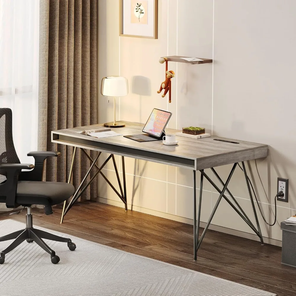 

55-Inch Computer Desk with Power Outlet, Rustic Wood and Metal Office Desk, Industrial Minimalist Writing Desk for Home Office o
