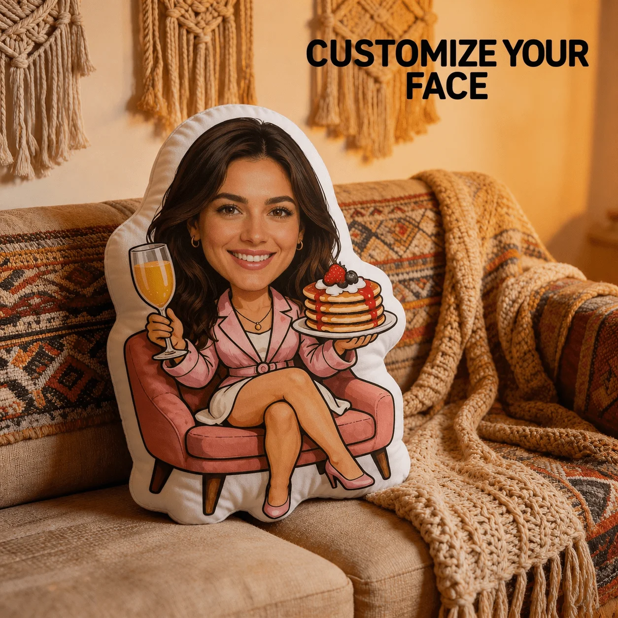 Custom Personalized Photo Face Pillow, Cartoon Character with Wine And Pancakes Custom Shaped Decorative Cushion, 60CM Home Deco