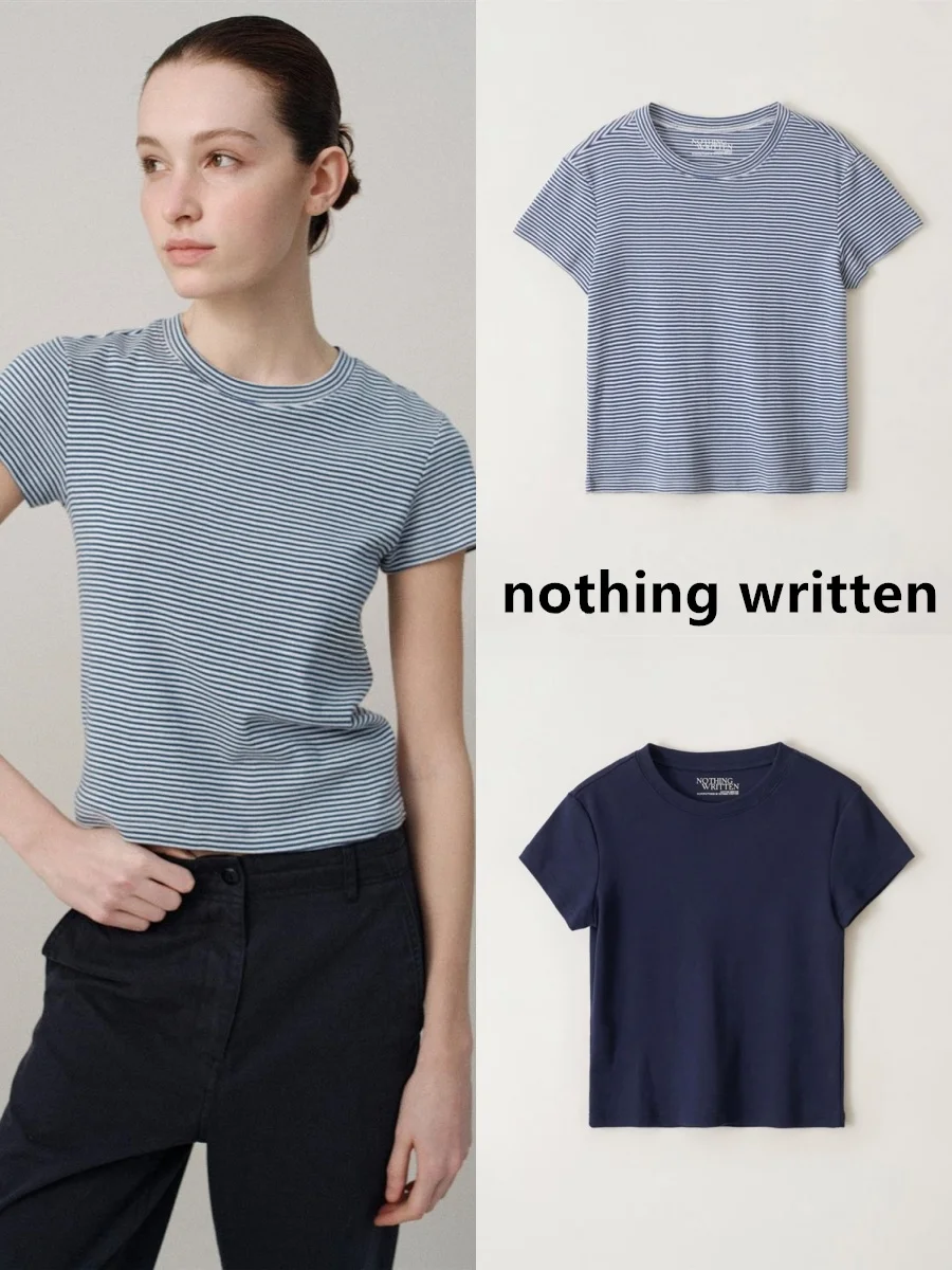 

Женская приталенная футболка с коротким рукавом, весна 2025, в тонкую полоску, с круглым вырезом, 100% хлопок, повседневная, модная, с узором в виде роз