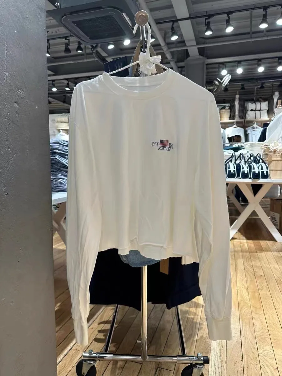 Vlag Brief Borduren Wit T-shirt Vrouwen Herfst Ronde Hals Ruwe Zoom T-shirts Met Lange Mouwen Amerikaanse Vintage Casual Tops Tee Shirts