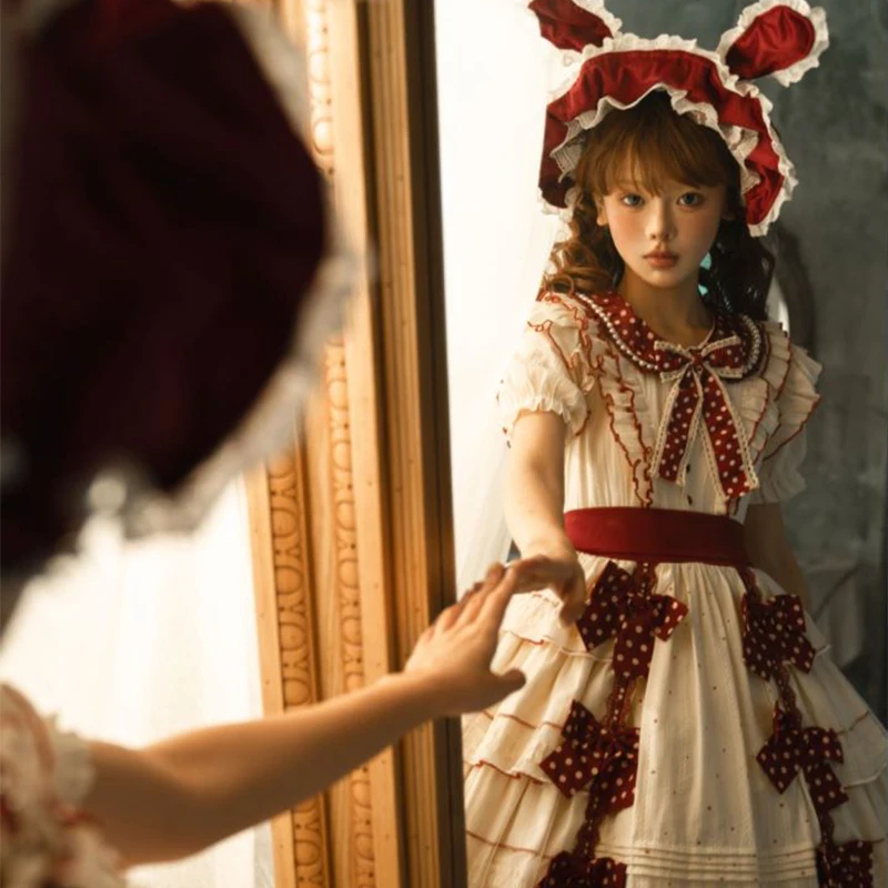 2025 novo verão japonês bonito lapela arco cintura fina pequena mosca mangas em camadas vestido fofo para mulher