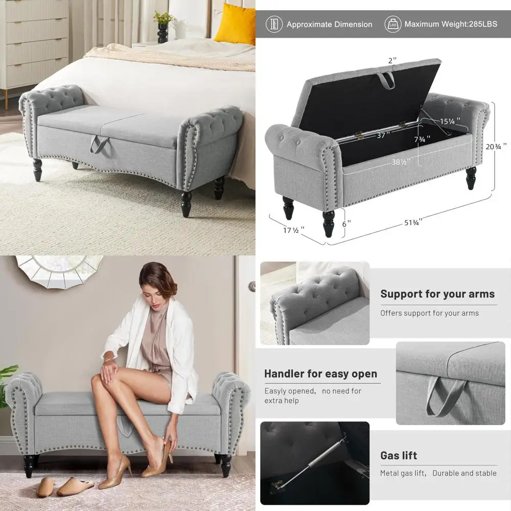 Storage Ottoman Bench for Living Room - Modern Bedroom Upholstered Bench with Rolled Arm, End of Bed Furniture, Space-Saving Des
