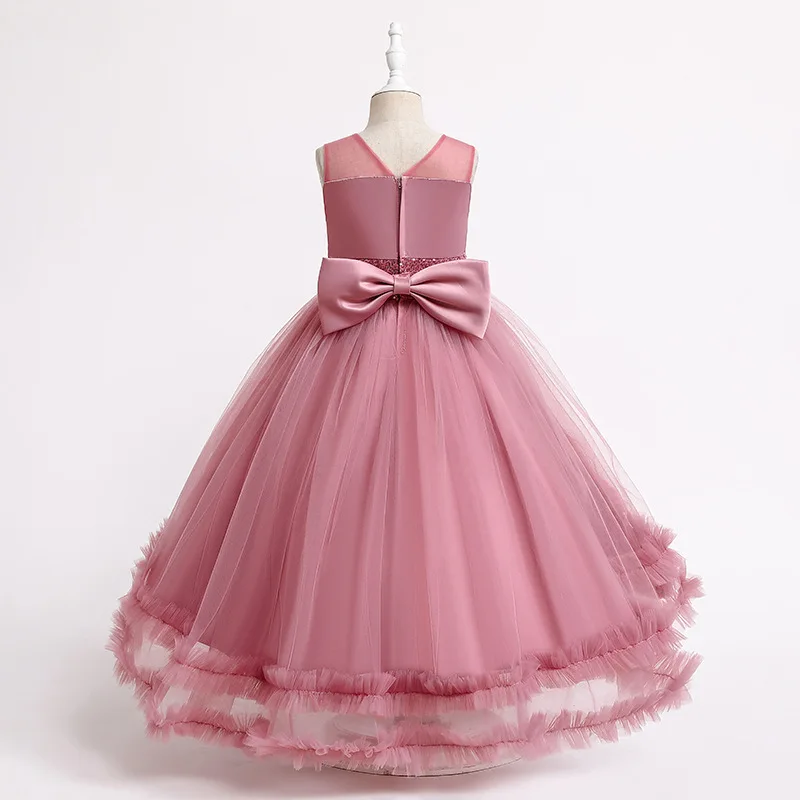 2023 Verão Rosa Vermelho Verde Menina Princesa Vestido de Festa Cerimônias de Aniversário Assimétrico Tule Casual Vestido de Baile 5-14 Ano de Idade