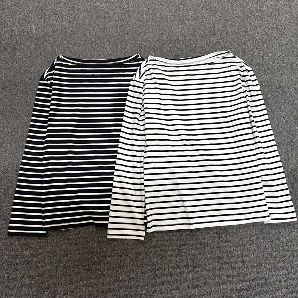 Women 100% Cotton Striped Long Sleeve T Shirt Boat Neck Classic Black White Stripe Slim Fit Casual Basic Tee Top Daily Blouse