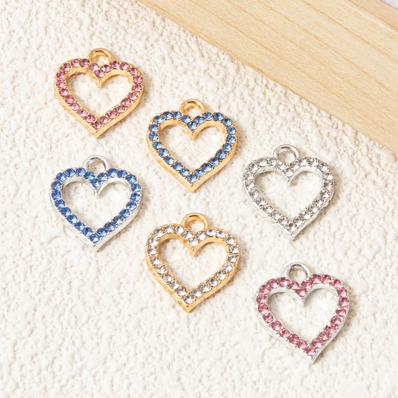 10Pcs/Lot Silver Plated Pink Crystal Heart Charm Pendant for Jewelry Making Earrings Bracelet Necklace Accessories DIY Findings