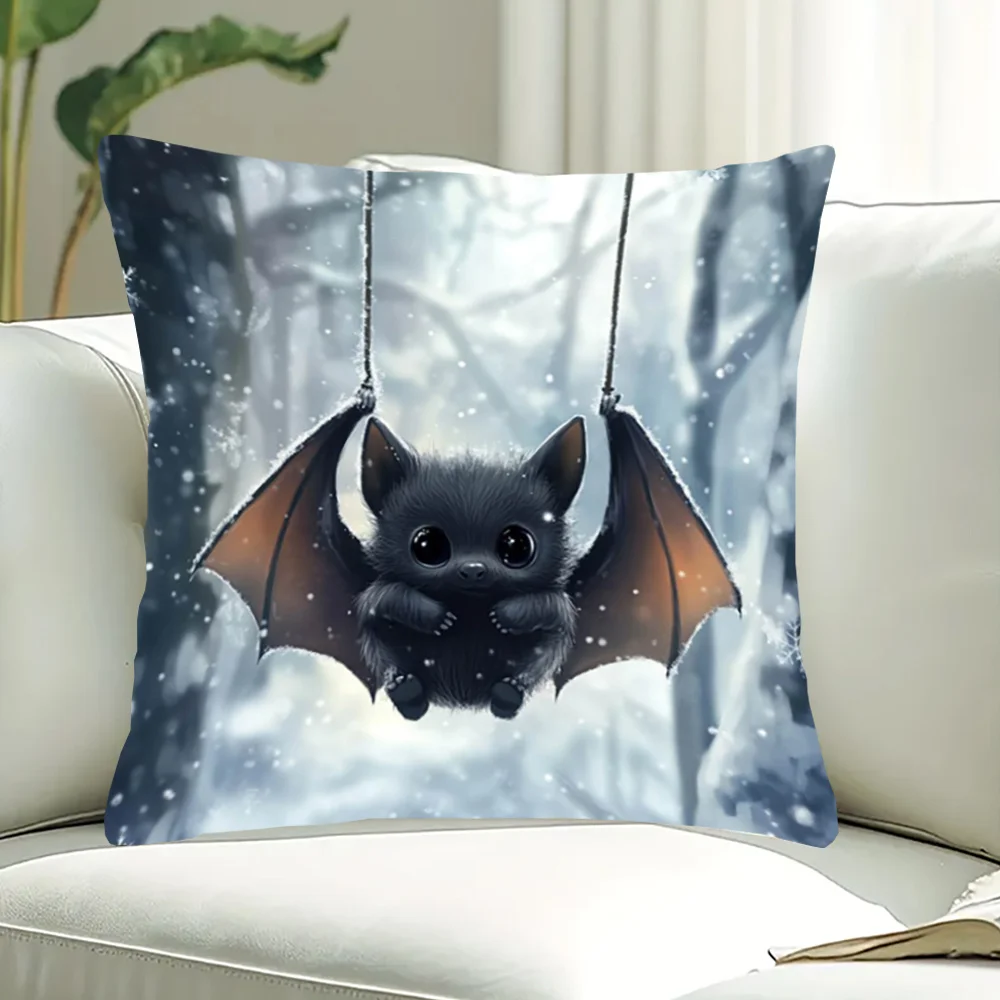 Double Sided Cute Baby Bat Throw Pillow Cover Winter Snow Forest Print Decorative Cushion Cover for Sofa Living Room Home Decor