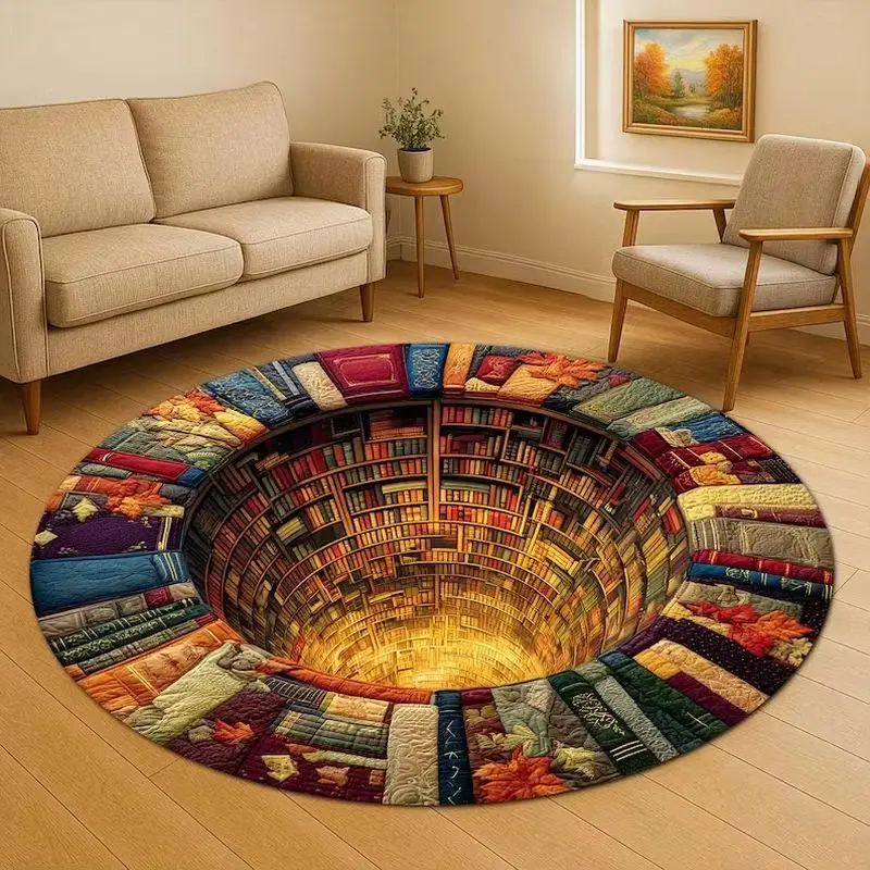 VIKAMA 3D Gift Box Vortex Round Rug Christmas Present Spiral Pattern Non Slip Circular Carpet Living Room Bedroom Floor Mat Xmas