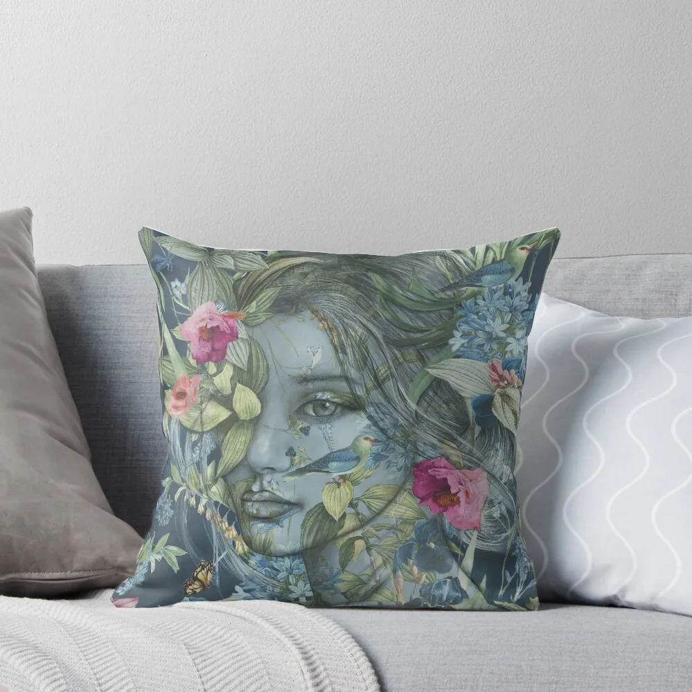 Poetry 2' feminine women with flowers and birds Throw Pillow home decor items Pillow Cases pillow