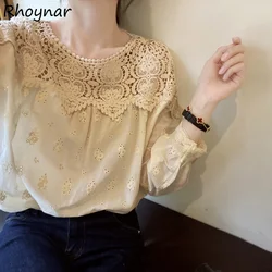 Blouse Women Retro French Style Embroidery Fashion Elegant Long Sleeve O-neck Tops Sweet Loose Female Girls All-match Solid Cozy