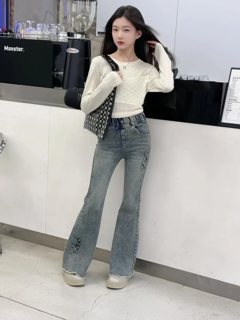 Girls' Vintage Jeans, Frayed Slim-fit Flared Jeans, Teen Autumn Long Pants, Suitable for Ages 7-14 for Casual Wear and Parties.