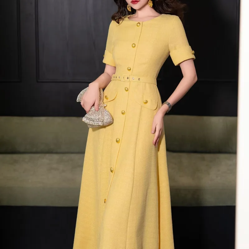 

Gold Solid Women Button Dress Elegant O-Neck Short Sleeve A-Line Dresses With Belt