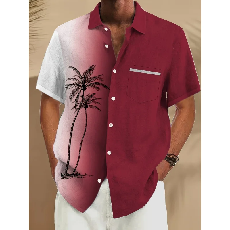 Vintage Hawaiian Coconut Tree Gradient Print Men's Button Pocket Shirt